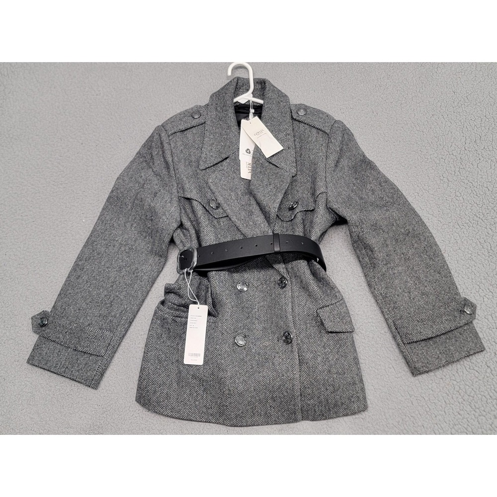 Goelia‎ Blazer Womens Medium Gray Wool Blend Belted Herringbone Military Jacket